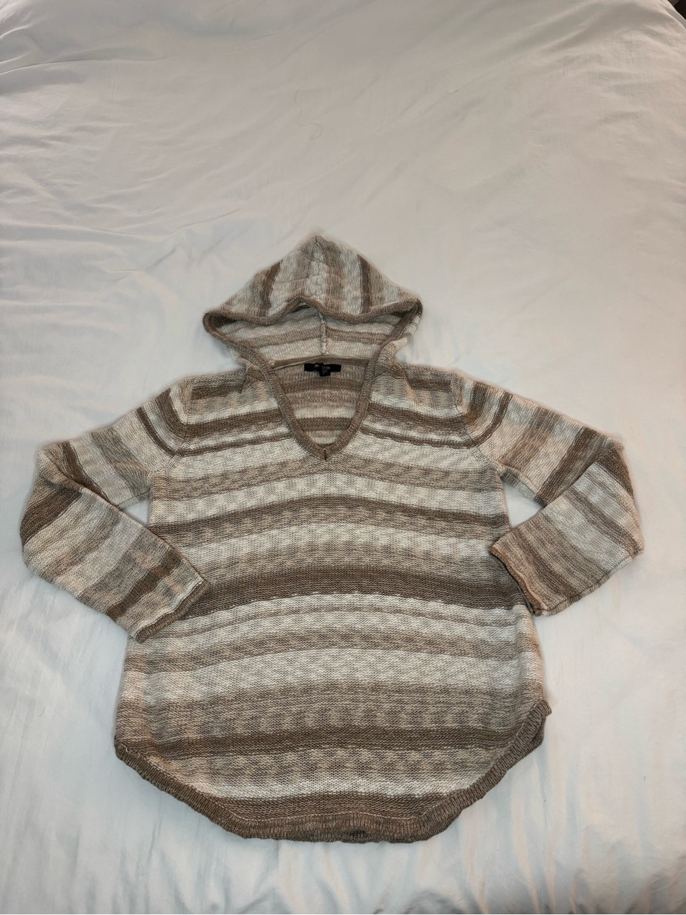 Style & Co. Striped Hooded Knit Sweater in Cream and Taupe